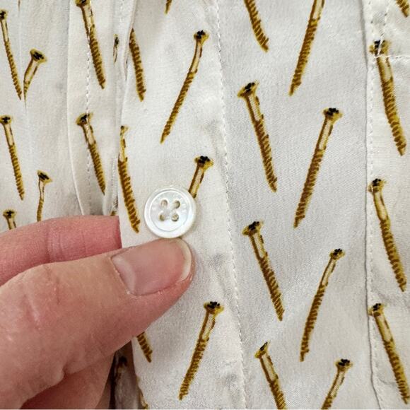 Equipment Silk Tan Brown Nail Print Button Down Shirt Womens s Whimsical Casual - Picture 7 of 9
